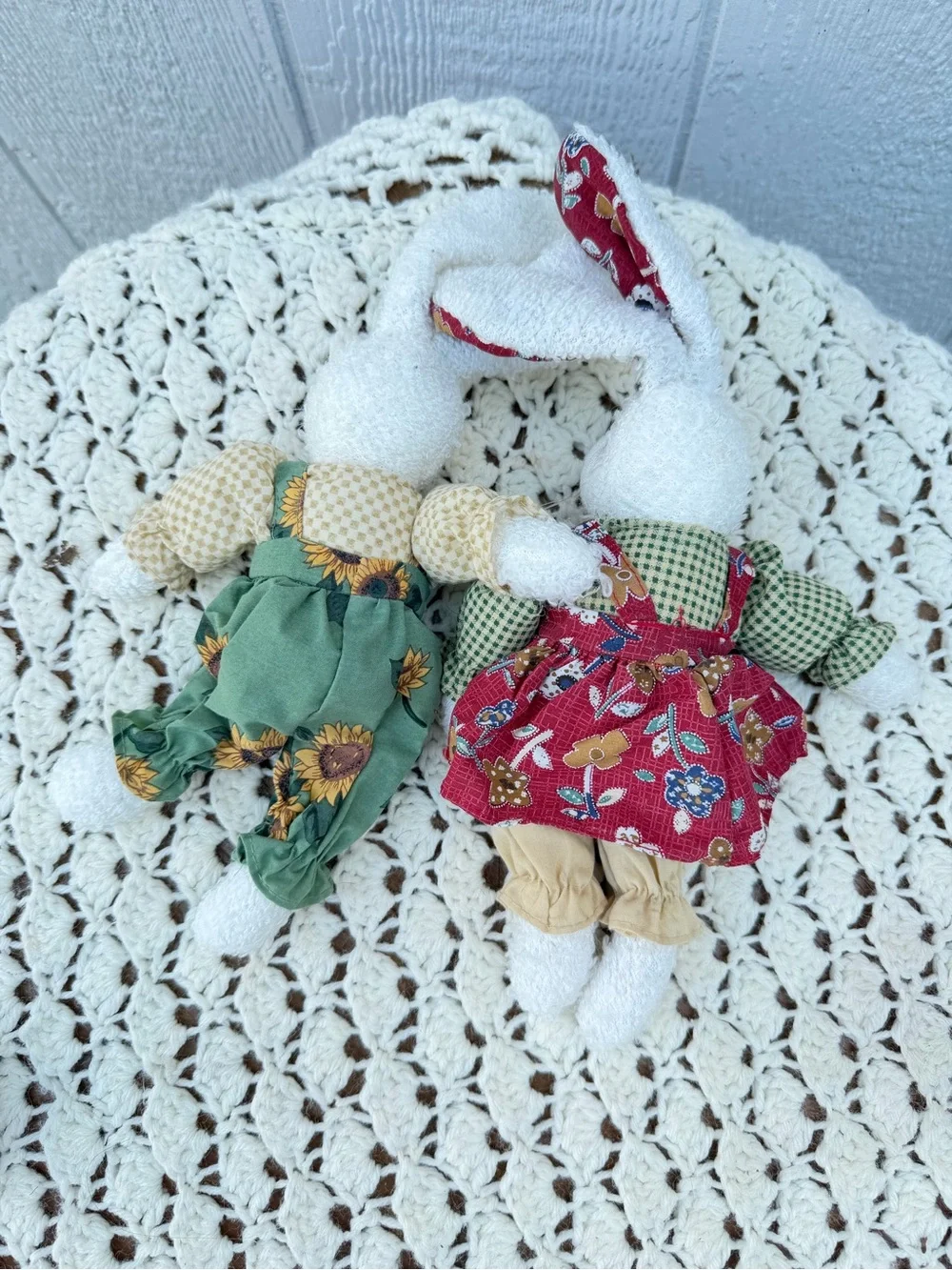 Handcrafted Plush Bunny Pair in Green and Red Dresses vintage